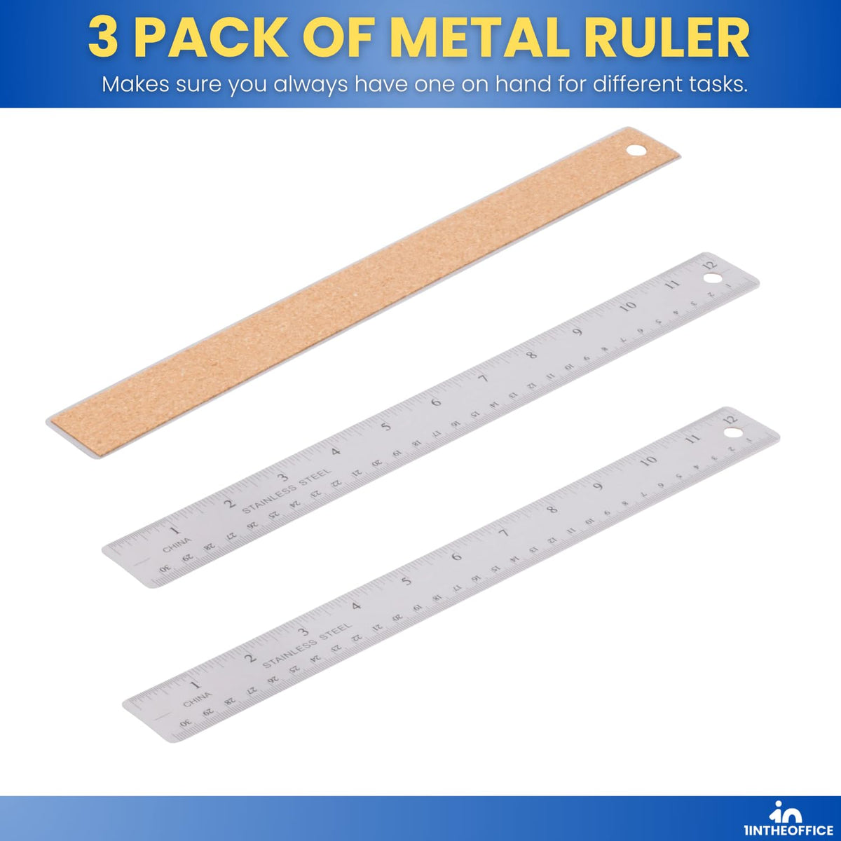 1InTheOffice Metal Ruler 12 Inch, Stainless Steel 12 Inch Ruler with Cork Back and Hanging Hole - 1/16" Standard Scale 12 inch - 3 Pack