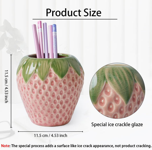 Sixbaole Pink Strawberry Ceramic Pencil Holder for Desk, Cute Office Decor