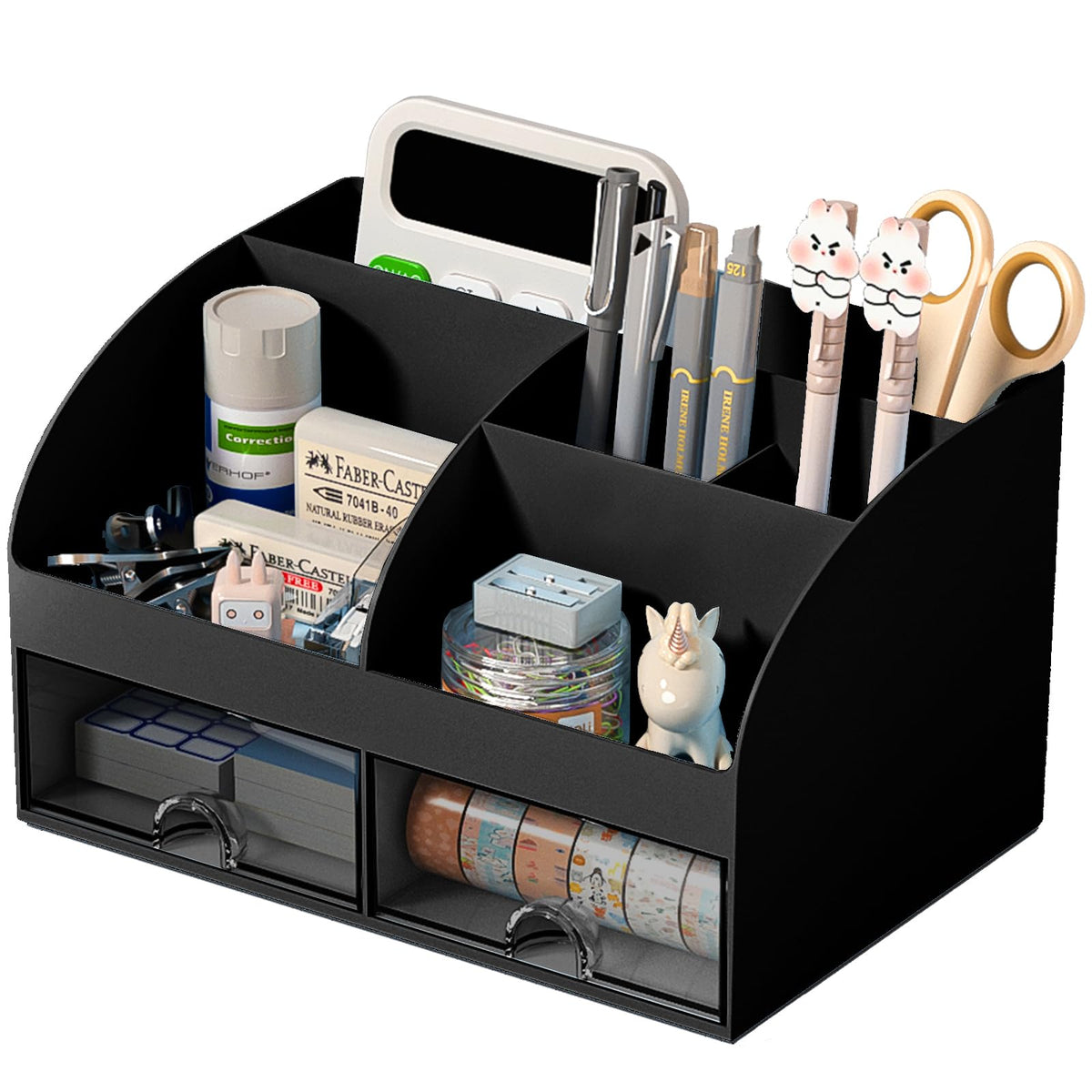 COMFYROOM Desk Organizer with 6 Compartments and 2 Drawers, Plastic Makeup Organizer, Pen Holder for Desktop Storage, Desk Organization for School, Home, Office Supplies (White)
