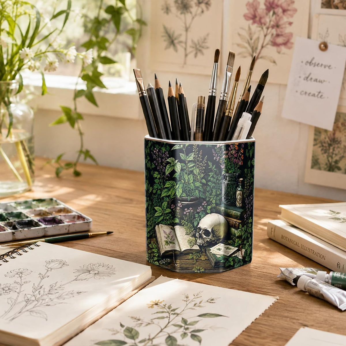 Cute Pen Holder for Desk, Ceramic Pencil Holder Pen Cup Marker Holder Makeup Brush Holders, Desk Accessories & Workspace Organizers for Home, Office, Skull