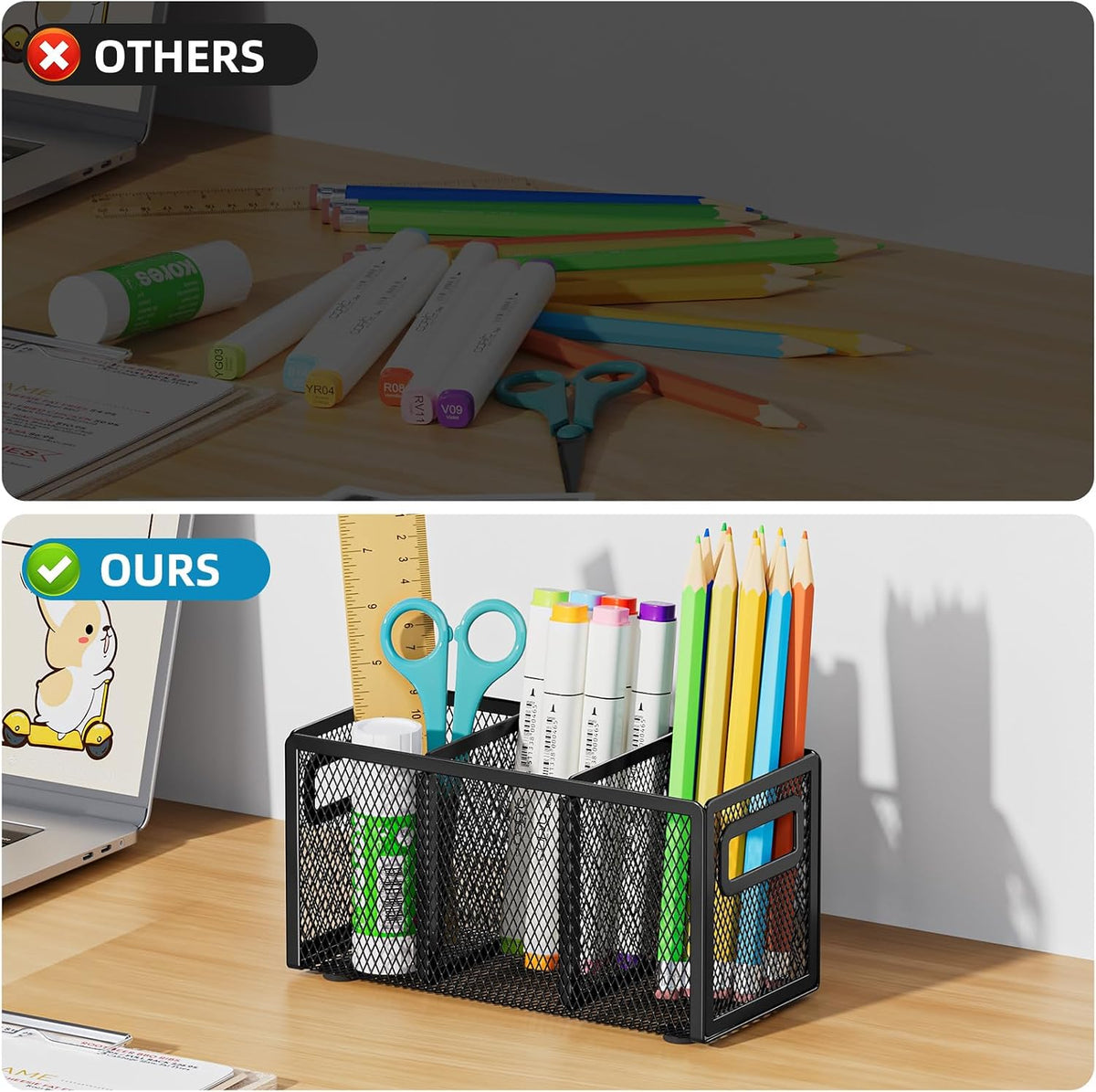 Marbrasse Mesh Pen Holder for Desk, Pencil Holder Desk Organizer 3 Adjustable Compartments, Pencil Cup with Handle Perfect for Classroom, Office, Home, Makeup, Art (Black)