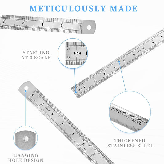Metal Ruler, 3 Pack, 6, 8, 12 Inch (15, 20, 30 CM) | Metric Ruler