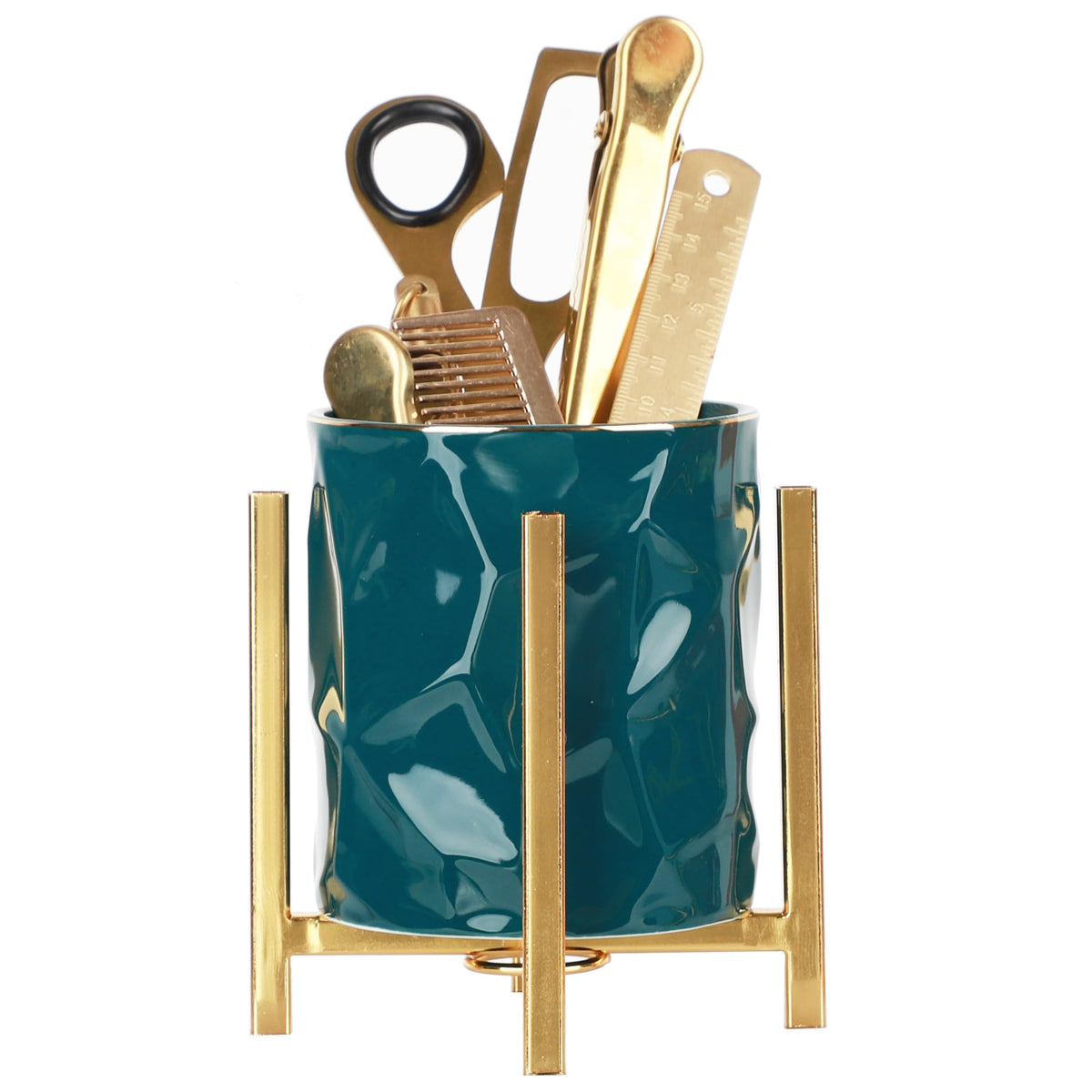 Gold pencil cup Sturdy metal frame with white ceramic pen holder For desks and kitchen appliance holders