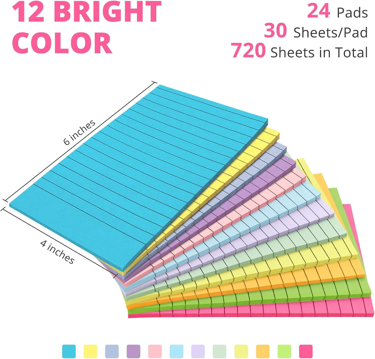 Taja Lined Sticky Notes, 4 x 6 Inches, 24 Pads, 30 Sheets/Pad, Bright