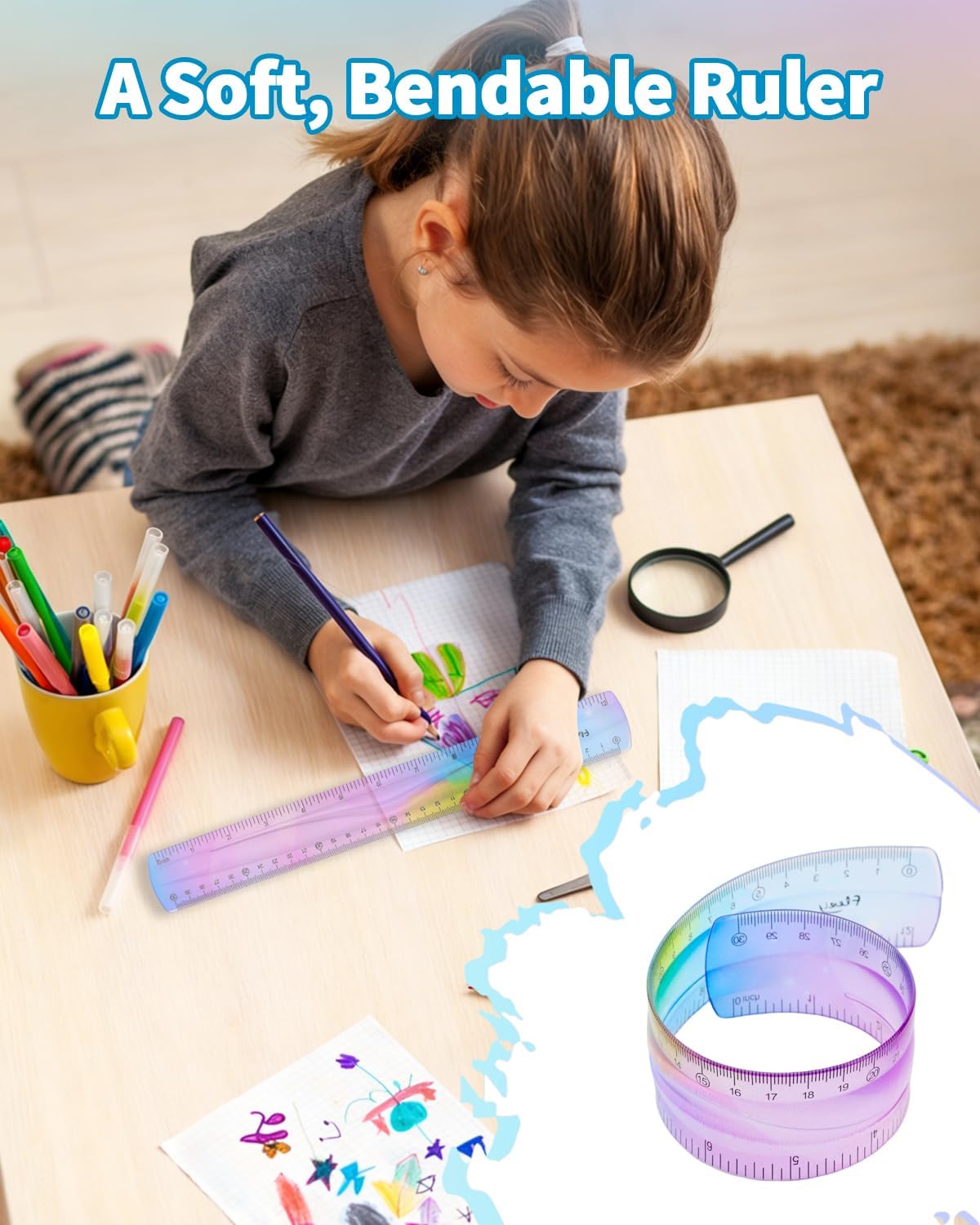 2 Pack Flexible Ruler Set, 12 Inch Bendable Rulers for Kids, Soft Plastic Rulers with Dual-Sided cm/inch Scale, Gradient Color Flex Ruler for School, Home, Office