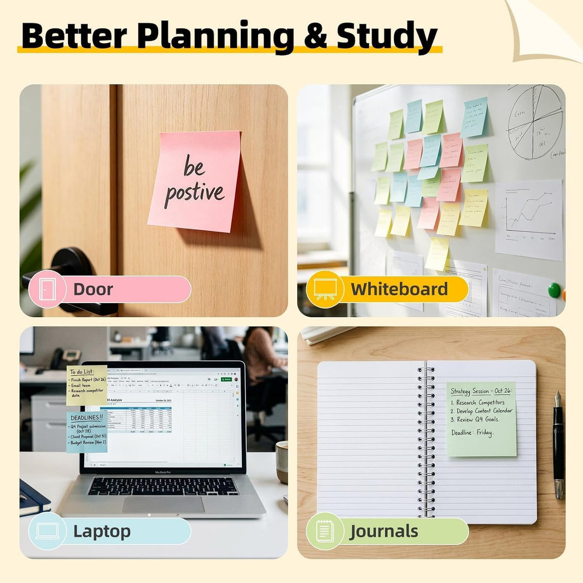Sticky Notes 3x3 in, 36 Pads, 3600 Sheets, 100 Sheets/Pad, 4 Bright Color