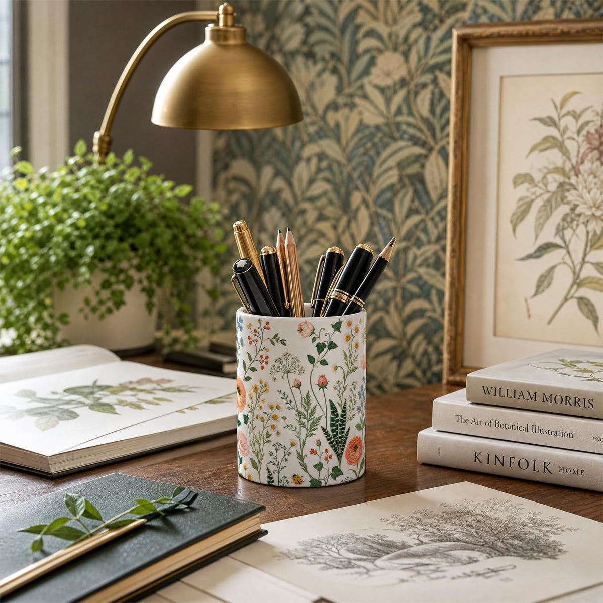 Pen Holder for Desk Ceramic Pencil Cup, Cute Makeup Brush Desk Organizer, Desk Accessories, School Supplies, Teacher Appreciation Gifts, Birthday Christmas Gift for Women (Green plants)