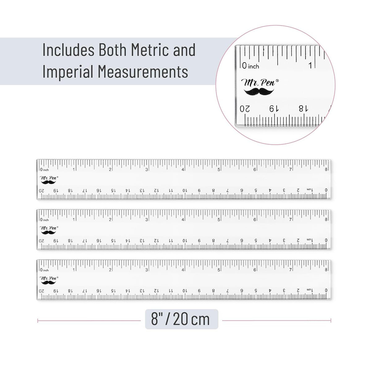 Mr. Pen- Plastic Ruler, 8 Inch, 3 Pack, Easy-to-Read Markings