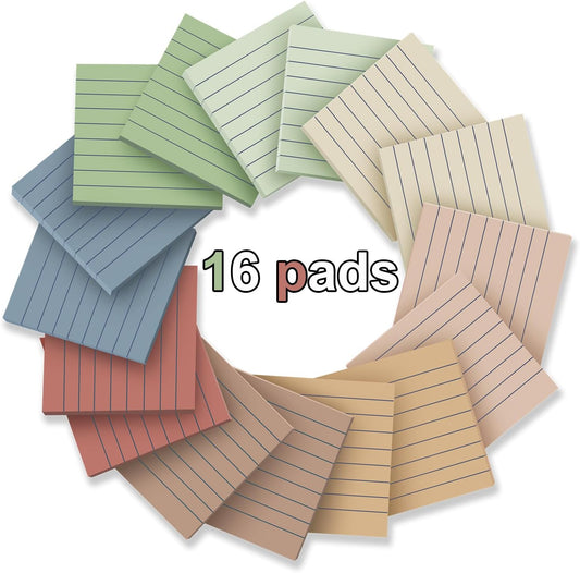 (16 Pack) Lined Sticky Notes 3x3 in Ruled Stickies,Vintage Colors