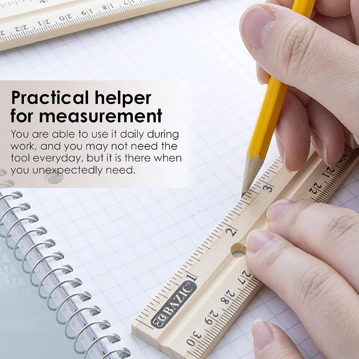 BAZIC Products 12 in Wooden Ruler, Metal Edge, Inch & Metric, 3 Pack