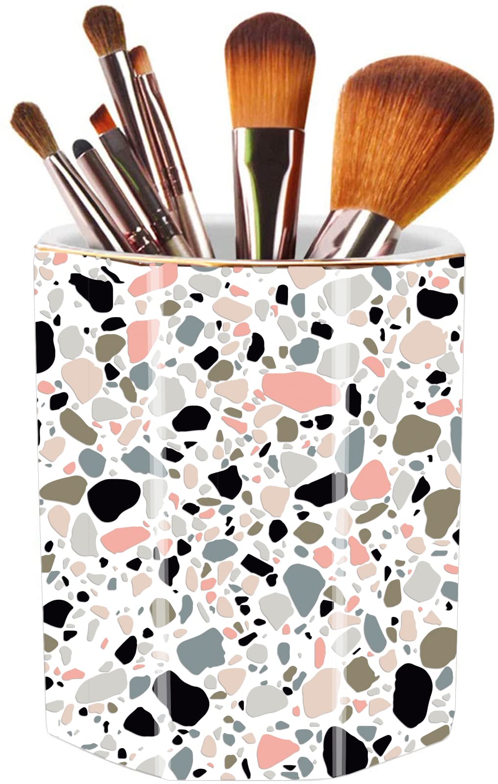 Pen Holder, Makeup Brush Holder Ceramic Shiny Gold Terrazzo Marble Stone Pattern Pencil Cup for Girls Kids Women Durable Stand Desk Organizer Storage Gift for Office, Classroom, Home Pink