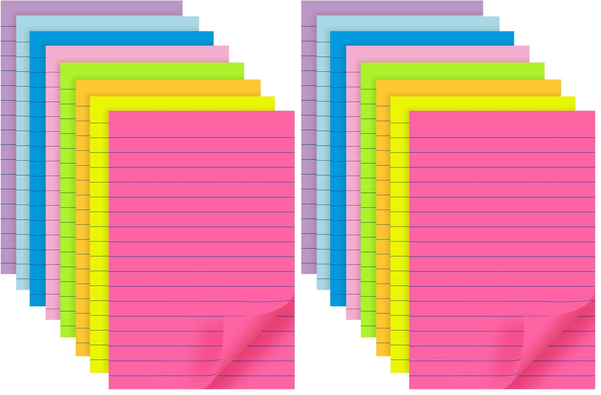 (8 Pads) Lined Sticky Notes 4x6 in, 8 Bright Colors, Self-Stick Note Pads