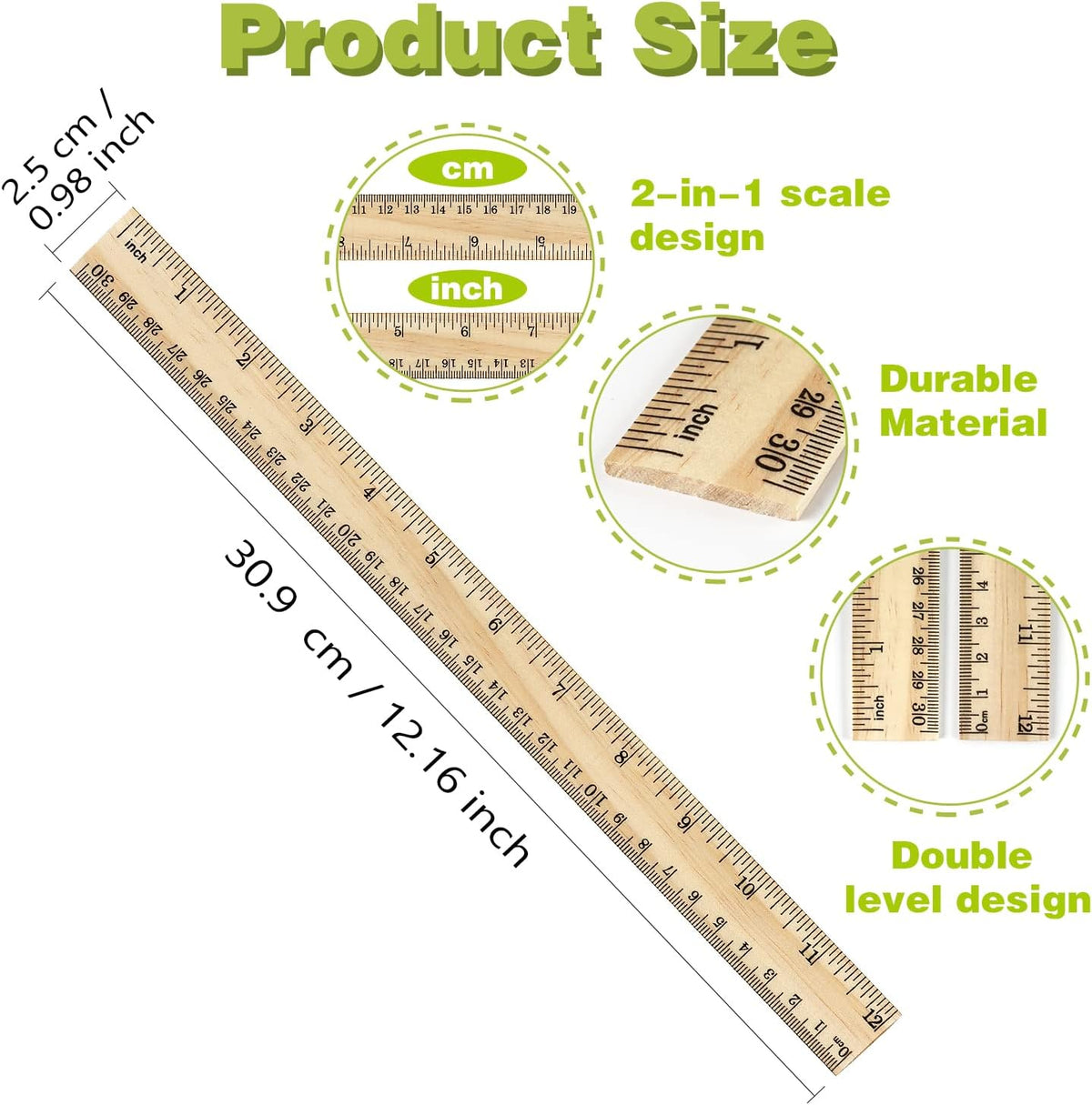 ZZTX 3 Pack Wooden Ruler 12 Inch（30 cm)