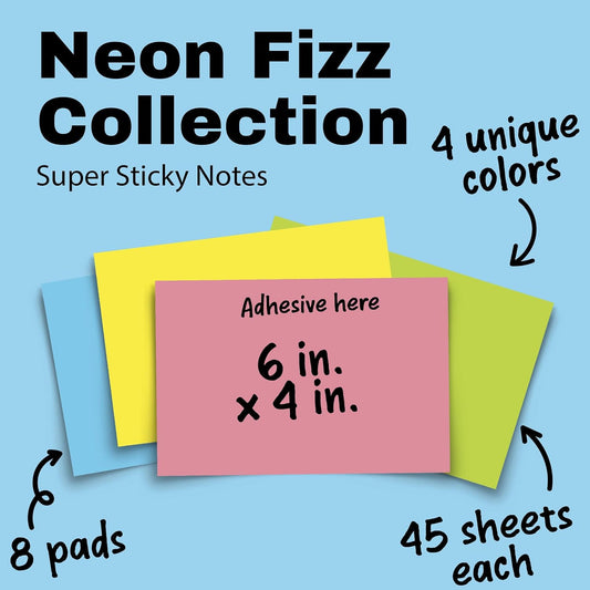 Post-it Super Sticky Notes, 6 x 4 in, Neon Fizz, 8 Pads, 45 Sheets/Pad