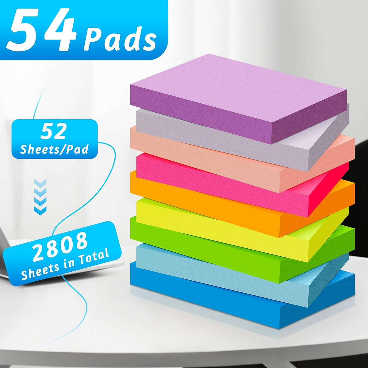 (54 Pads) 9 Bright Colors Sticky Notes 1.5x2in, Suitable for School, Office