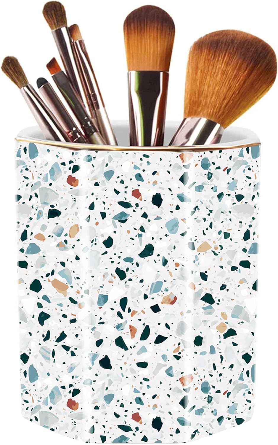 Pen Holder, Makeup Brush Holder Ceramic Shiny Gold Terrazzo Marble Stone Pattern Pencil Cup for Girls Kids Women Durable Stand Desk Organizer Storage Gift for Office, Classroom, Home Pink
