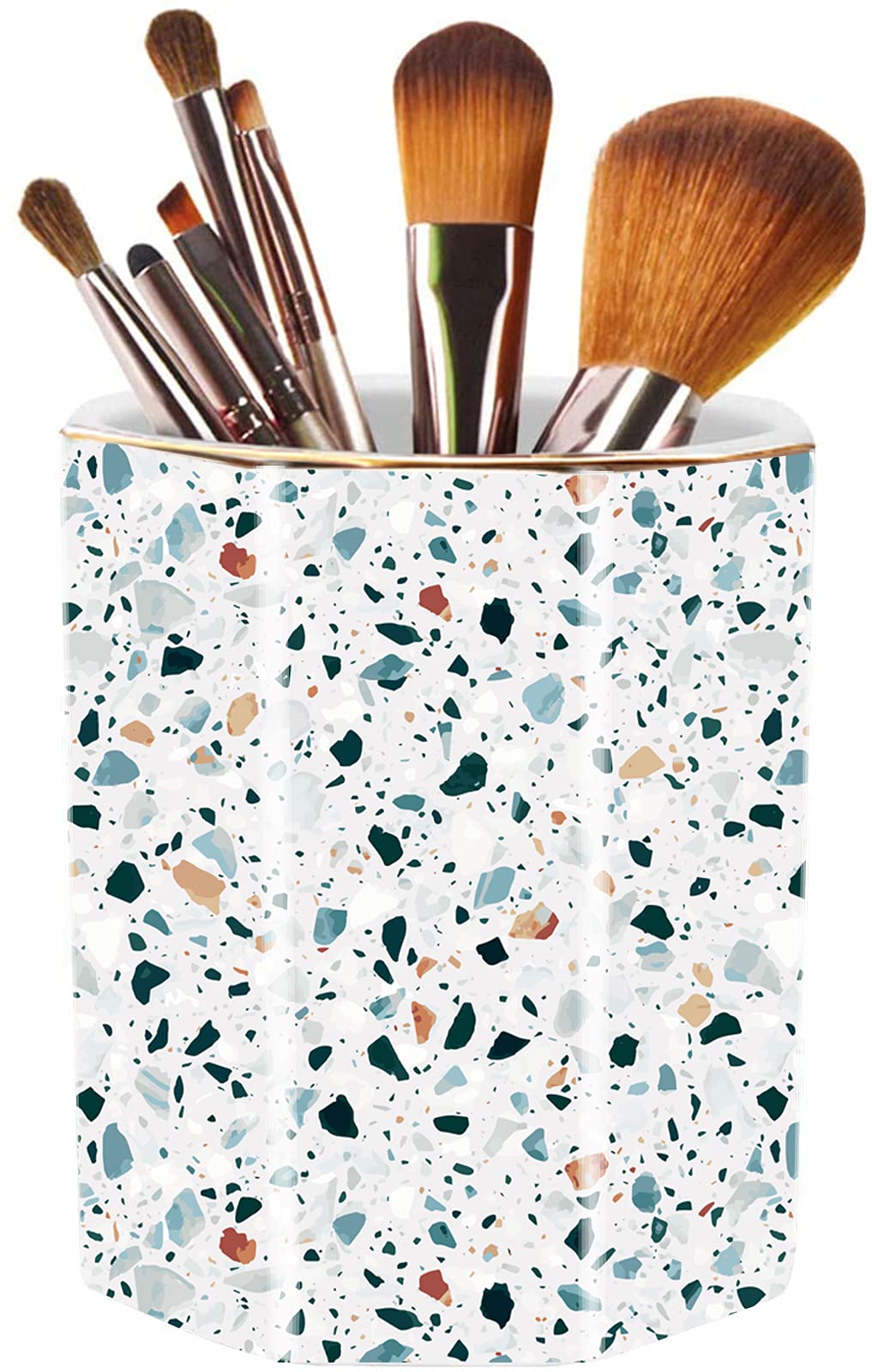 Pen Holder, Makeup Brush Holder Ceramic Shiny Gold Terrazzo Marble Stone Pattern Pencil Cup for Girls Kids Women Durable Stand Desk Organizer Storage Gift for Office, Classroom, Home Pink