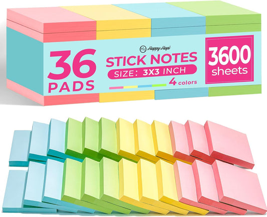 Sticky Notes 3x3 in, 36 Pads, 3600 Sheets, 100 Sheets/Pad, 4 Bright Color