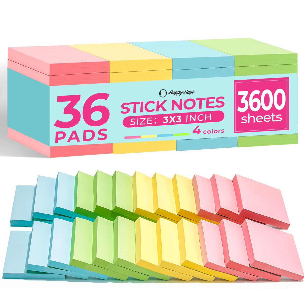 Sticky Notes 3x3 in, 36 Pads, 3600 Sheets, 100 Sheets/Pad, 4 Bright Color