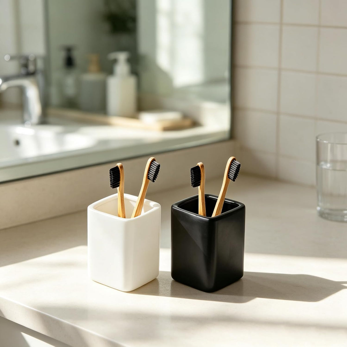 Square Ceramics Desk Pencil Holder for Men and Woman, Suitable for Offices and Homes(Black)