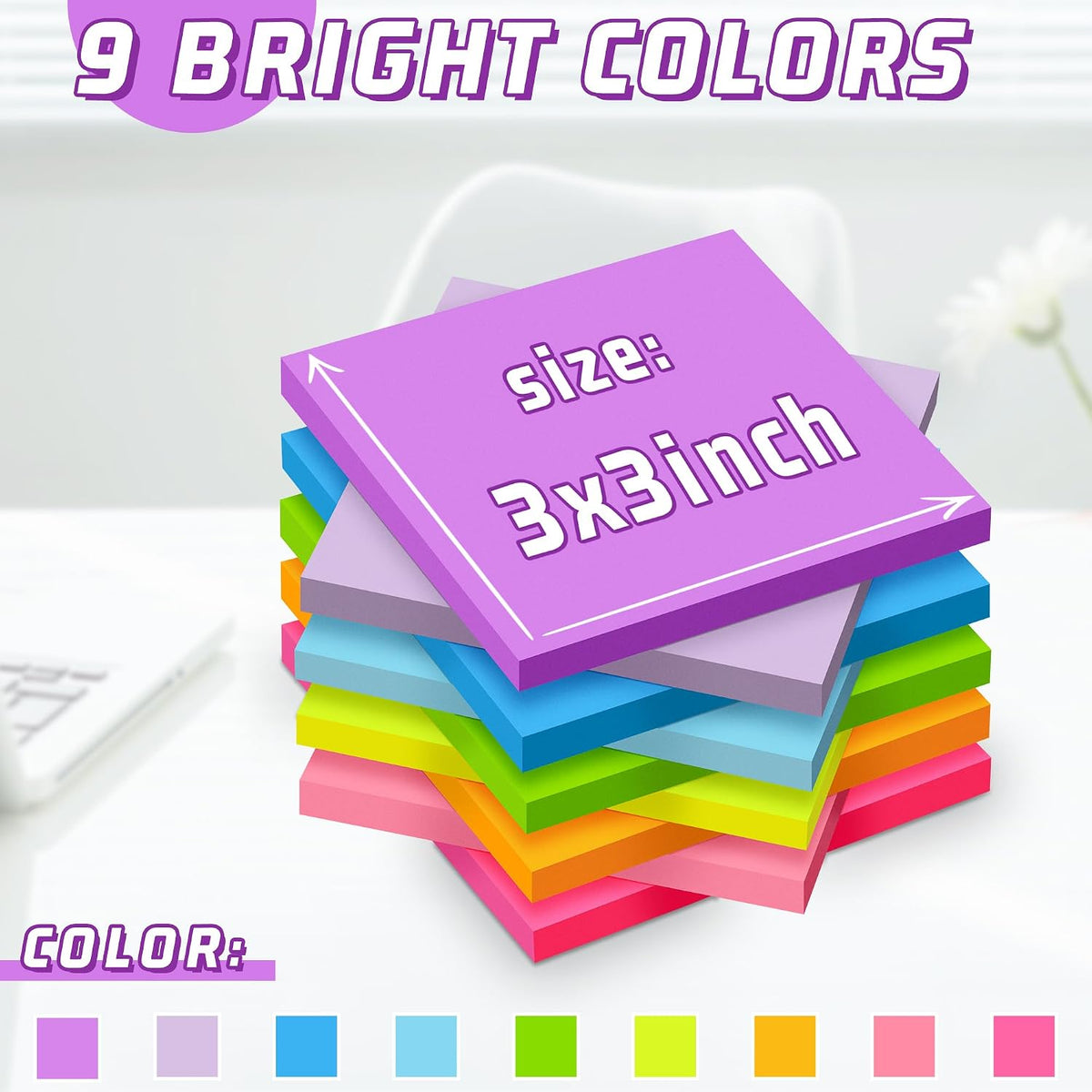 (36 Pads) Sticky Notes 3 x 3 in Post, 9 Bright Colors Self-Stick Pads