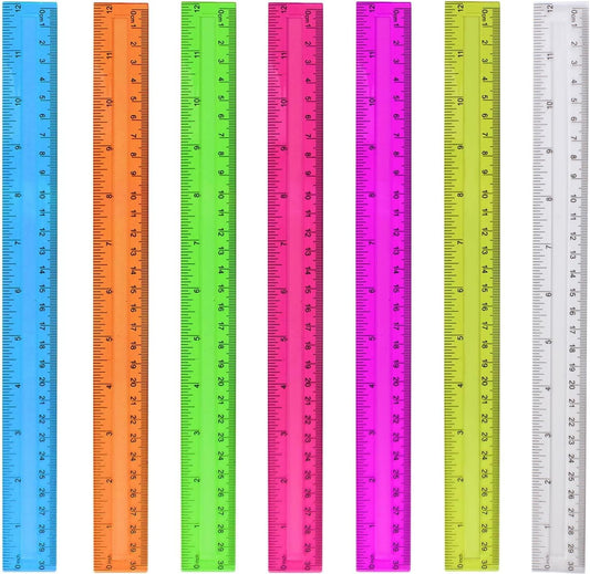 7PCS Clear Ruler, 12 Inch Plastic Rulers for School, Home, or Office, Clear Plastic Rulers, Assorted Colors.