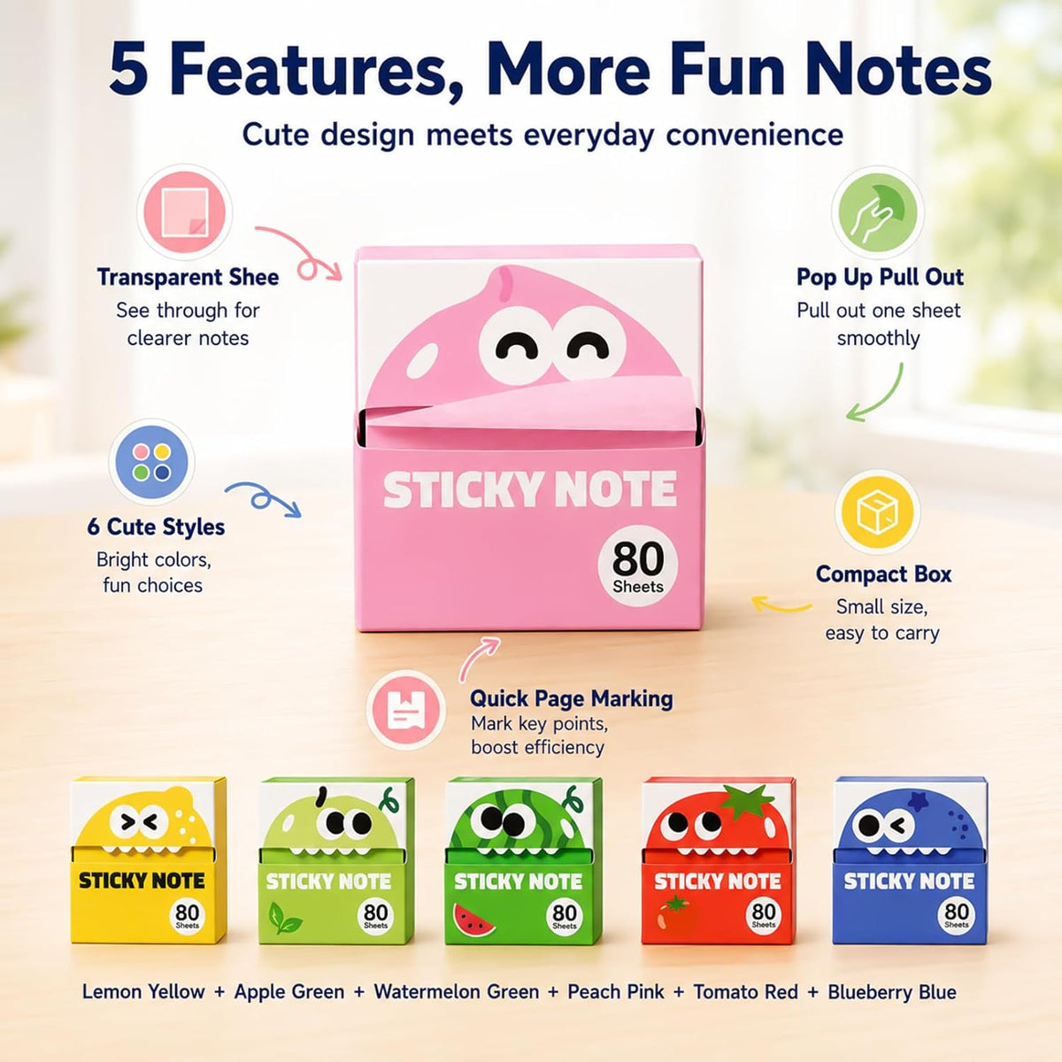 6 Boxes of Transparent Pull-Out Sticky Notes,(480 Sheets Total) -Cute Fruit Monster Pop Up Sticky Notes,Office Stationery Work Accessories with No Residue,Suitable for Office Work