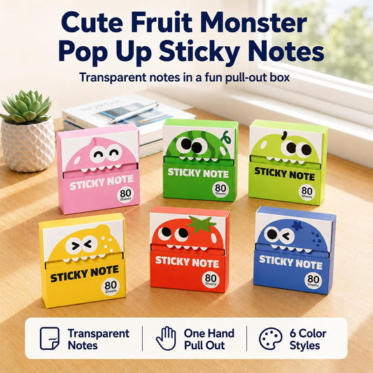 6 Boxes of Transparent Pull-Out Sticky Notes,(480 Sheets Total) -Cute Fruit Monster Pop Up Sticky Notes,Office Stationery Work Accessories with No Residue,Suitable for Office Work