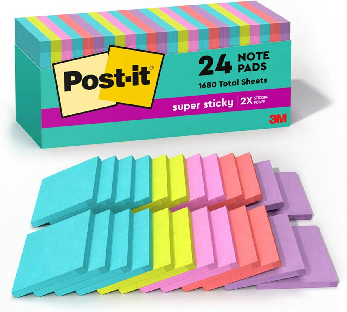 Post-it Super Sticky Notes, 3 x 3 in, Supernova Neons, 24 Pads