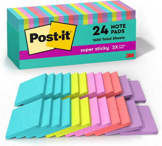 Post-it Super Sticky Notes, 3 x 3 in, Supernova Neons, 24 Pads