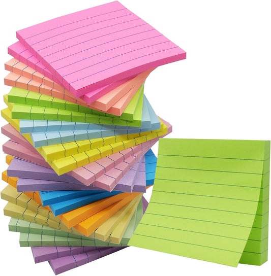 24 Pack Lined Sticky Notes 3x3 in,12 Bright Super Sticking Power Memo Pads