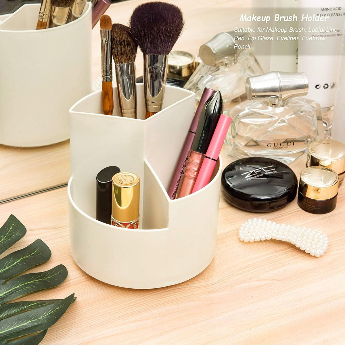 Siveit Desk Pencil Pen Holder, Desk Organizers 3 Slots 360-Degree Rotating Pen Holder for Desktop Storage Stationery Supplies Organizer, Home, Office, School, Kids, White