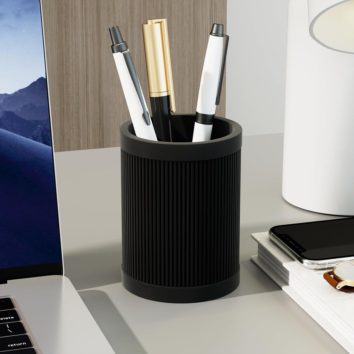 HighHerz Aesthetic Pen Holder For Desk, Modern Silicone Pencil Holder, Stylish Office Desk Decor, Made of 5 mm Thickened Premium Silicone, Office Desk Organizer And Accessories (Black)