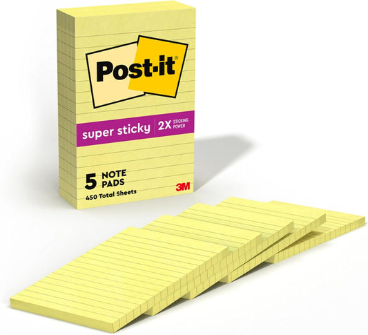 Post-it Super Sticky Lined Notes, 5 Sticky Note Pads, 4 x 6 in., School Supplies for Students, Ideal for Textbooks, Notebooks, Walls and Vertical Surfaces, Canary Yellow