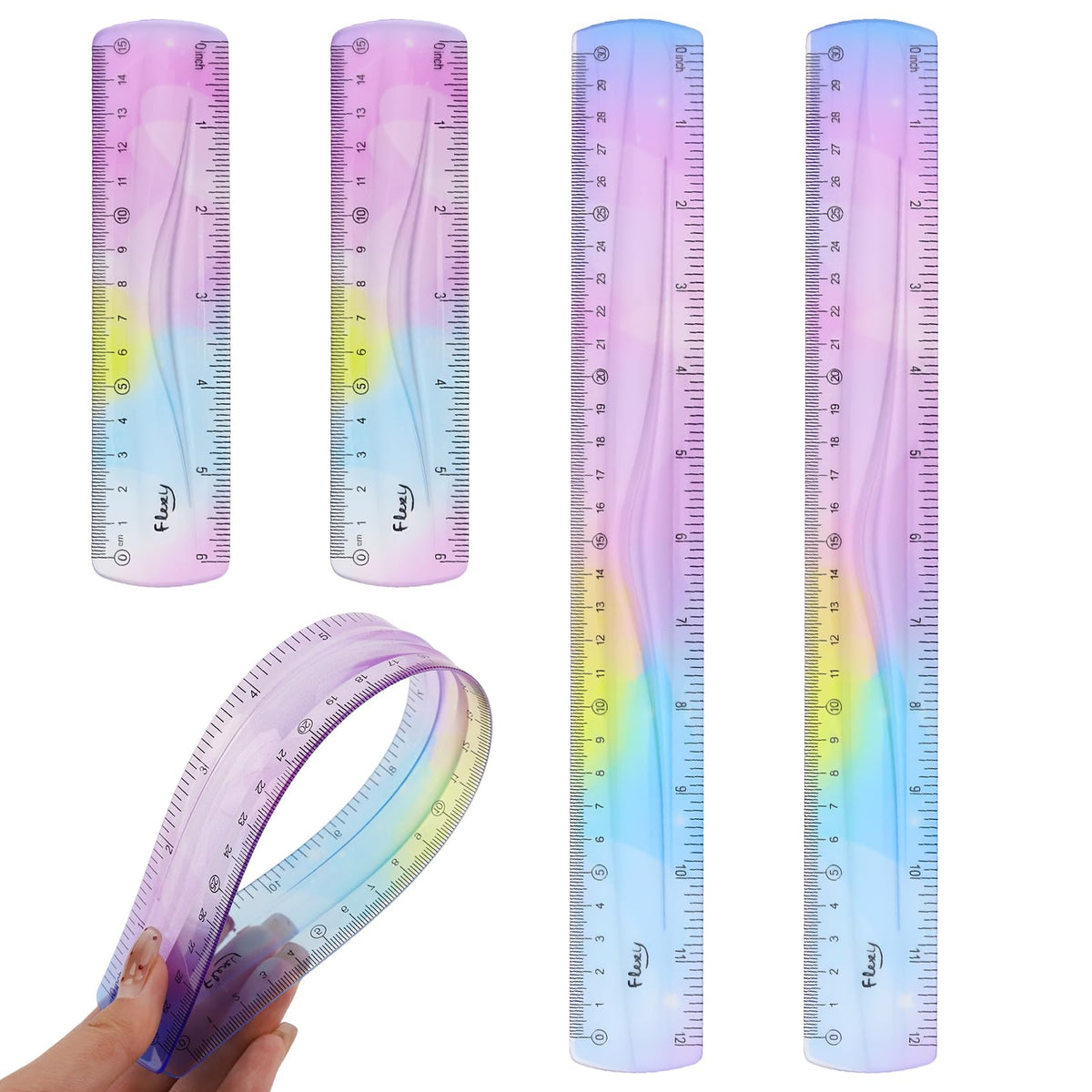 2 Pack Flexible Ruler Set, 12 Inch Bendable Rulers for Kids, Soft Plastic Rulers with Dual-Sided cm/inch Scale, Gradient Color Flex Ruler for School, Home, Office