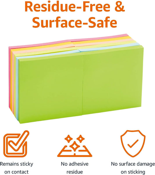 Amazon Basics Square Sticky Notes for Home, Office, School Supplies, Clean Removal, 3x3 Inches, Assorted Bright Colors, Self-Stick Pads, 70 Sheets/Pad, 12-Pack