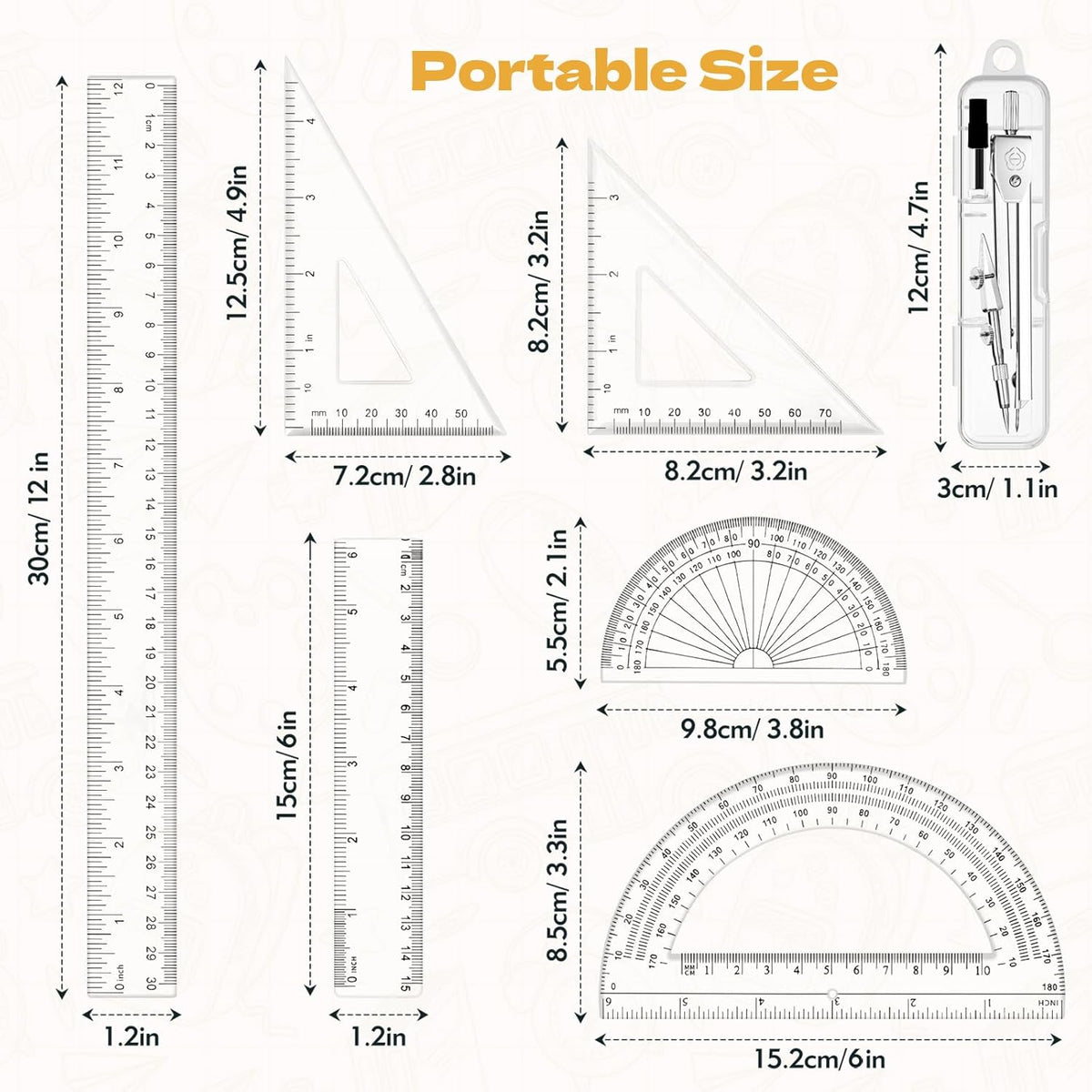 7Pcs Geometry Set-Clear Plastic Rulers,Triangle Ruler,Protractor,Compass