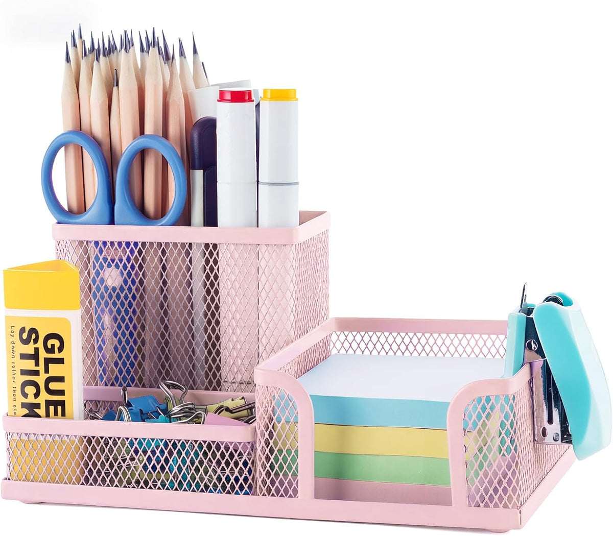 M&G Mesh Pen Holder Desk Organizers Pencil Holder for Desk Pink, 3 Compartments Metal Office Supply Organizer with Sticky Notes Holder for Home Office