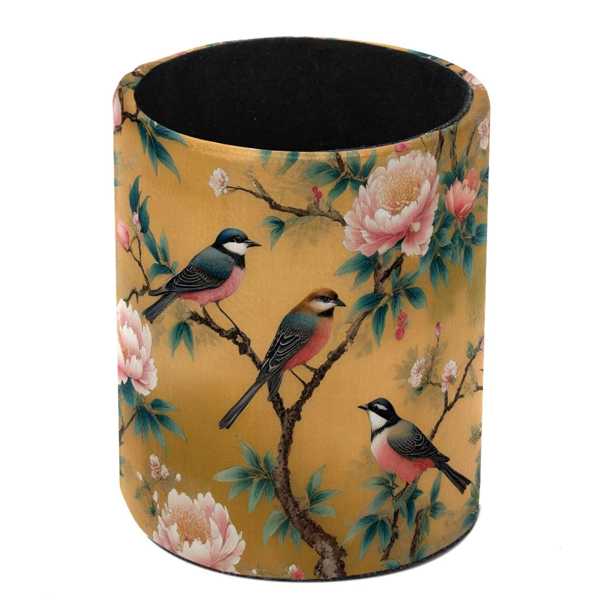 Leather Pen Holder for Desk, Birds Branches Butterflies Pencil Cup Pen Organizer Makeup Brush Holder for Office Home Kids Countertop Desk Accessory Storage