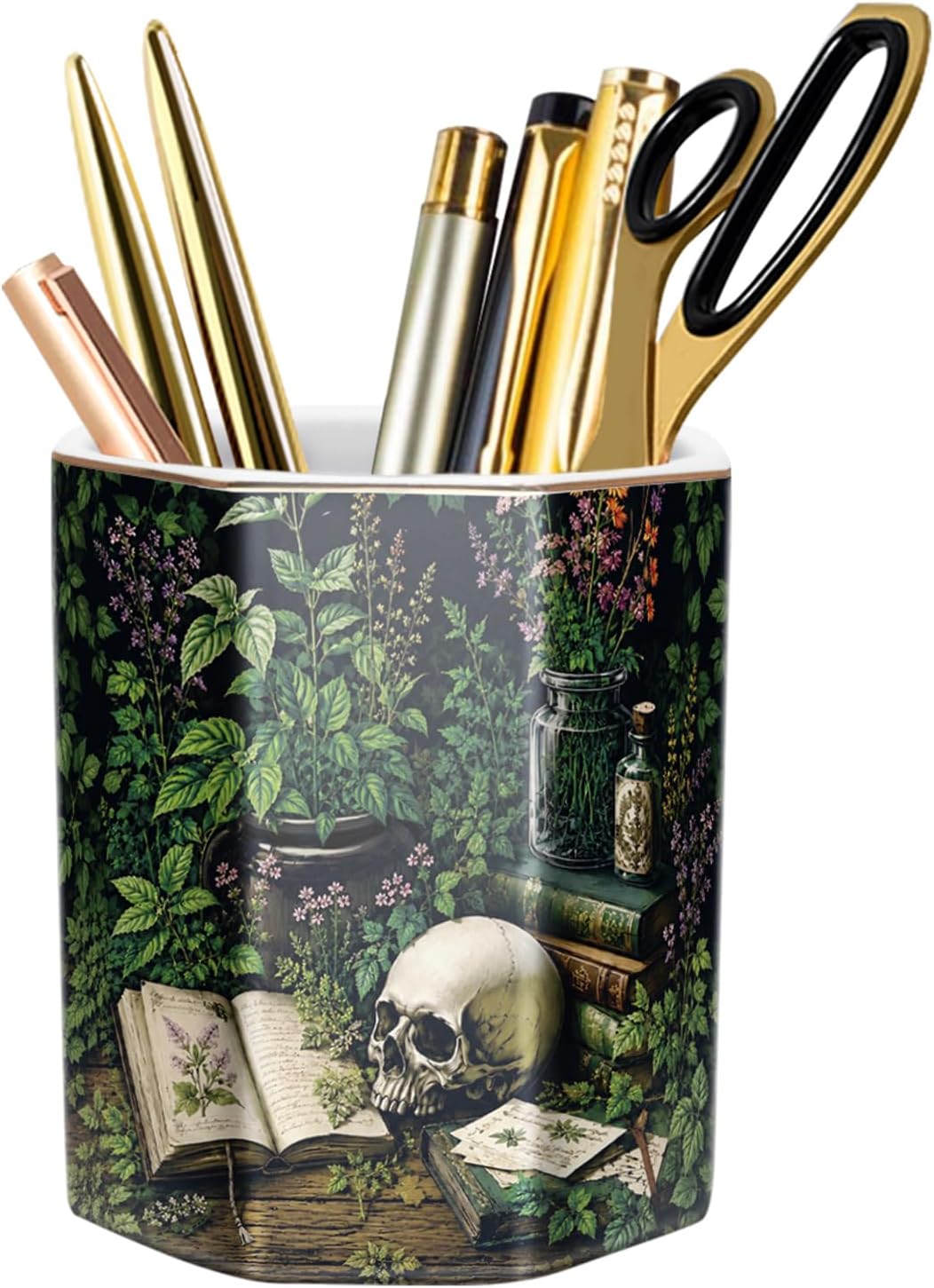 Cute Pen Holder for Desk, Ceramic Pencil Holder Pen Cup Marker Holder Makeup Brush Holders, Desk Accessories & Workspace Organizers for Home, Office, Skull