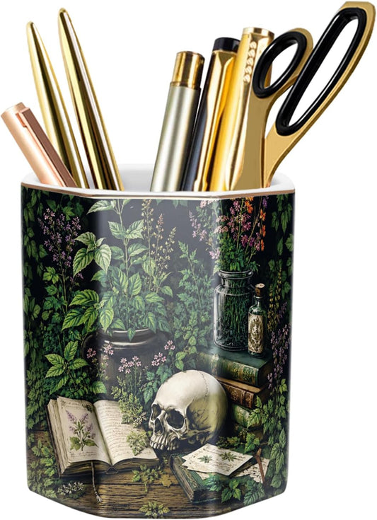 Cute Pen Holder for Desk, Ceramic Pencil Holder Pen Cup Marker Holder Makeup Brush Holders, Desk Accessories & Workspace Organizers for Home, Office, Skull
