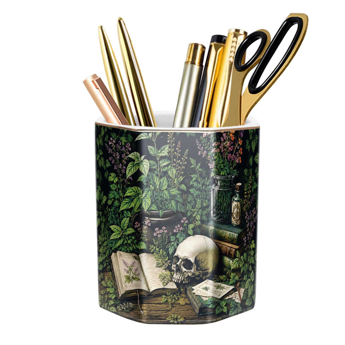 Cute Pen Holder for Desk, Ceramic Pencil Holder Pen Cup Marker Holder Makeup Brush Holders, Desk Accessories & Workspace Organizers for Home, Office, Skull
