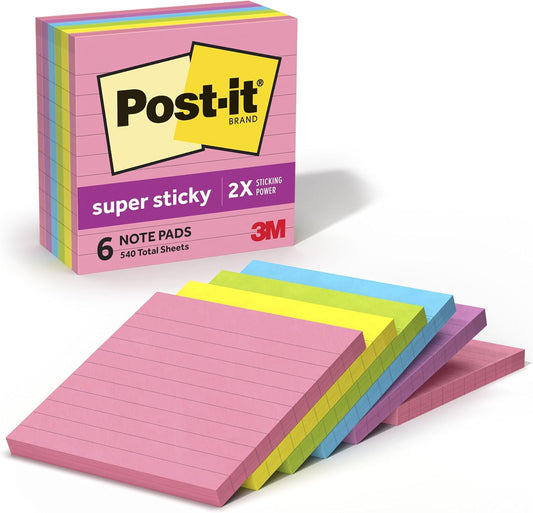 Post-it Super Sticky Notes, 4 x 4 in, Neon Fizz, 6 Lined Pads