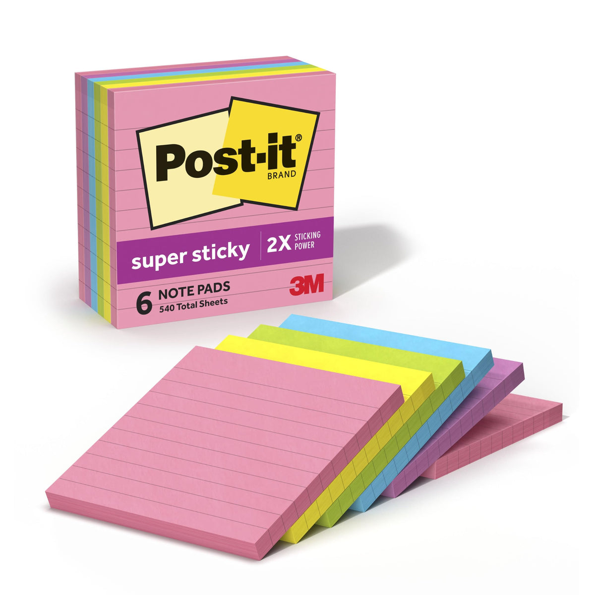 Post-it Super Sticky Notes, 4 x 4 in, Neon Fizz, 6 Lined Pads