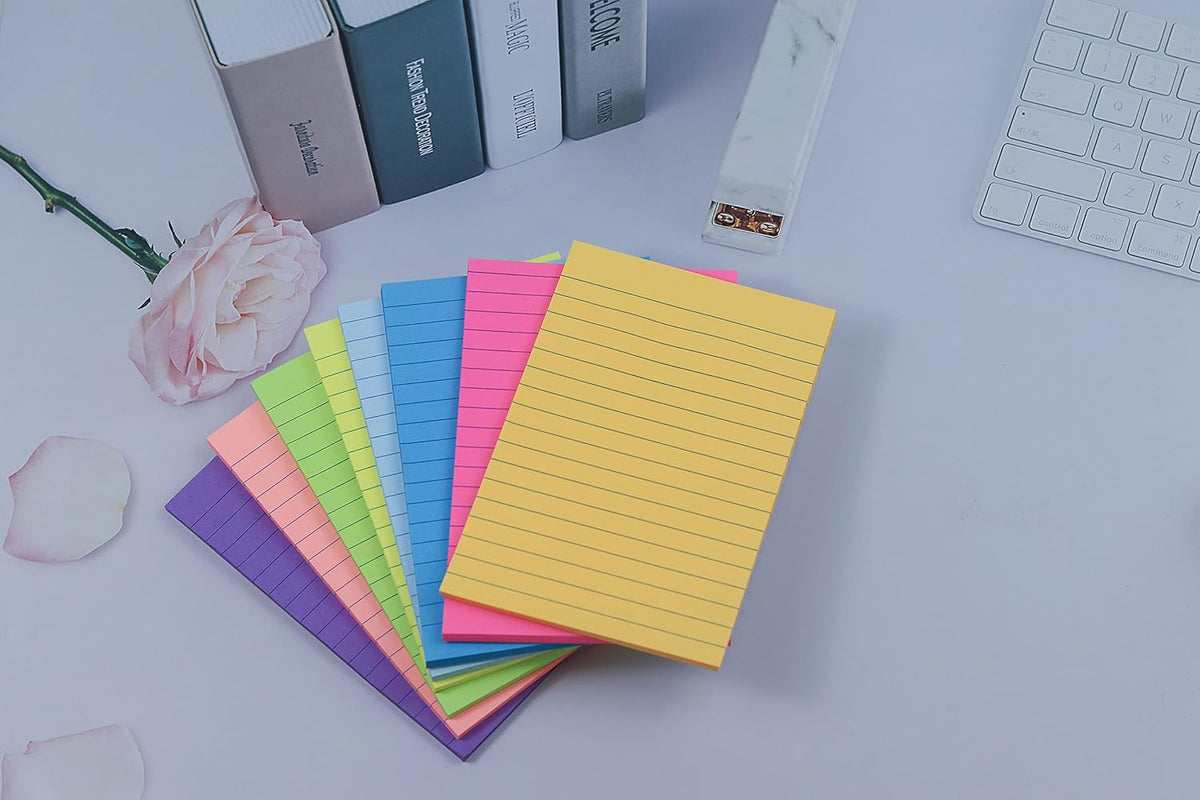 (8 Pads) Lined Sticky Notes 4x6 in, 8 Bright Colors, Self-Stick Note Pads