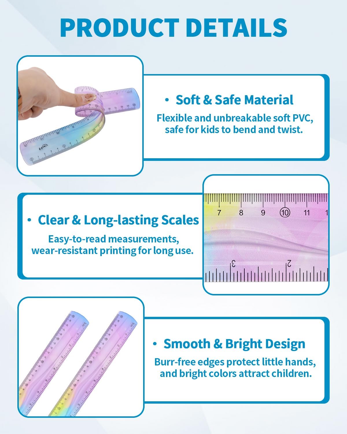 2 Pack Flexible Ruler Set, 12 Inch Bendable Rulers for Kids, Soft Plastic Rulers with Dual-Sided cm/inch Scale, Gradient Color Flex Ruler for School, Home, Office
