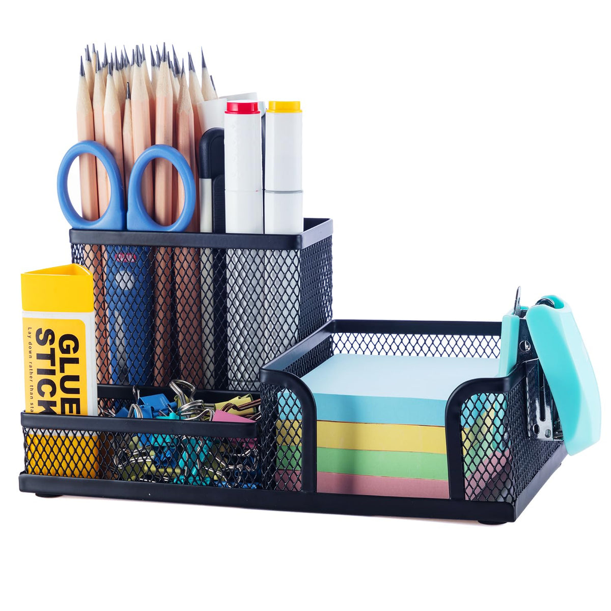 M&G Mesh Pen Holder Desk Organizers Pencil Holder for Desk Pink, 3 Compartments Metal Office Supply Organizer with Sticky Notes Holder for Home Office