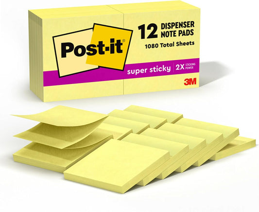 Post-it Super Sticky Dispenser Notes, 3 x 3 in, Canary Yellow, 12 Pads
