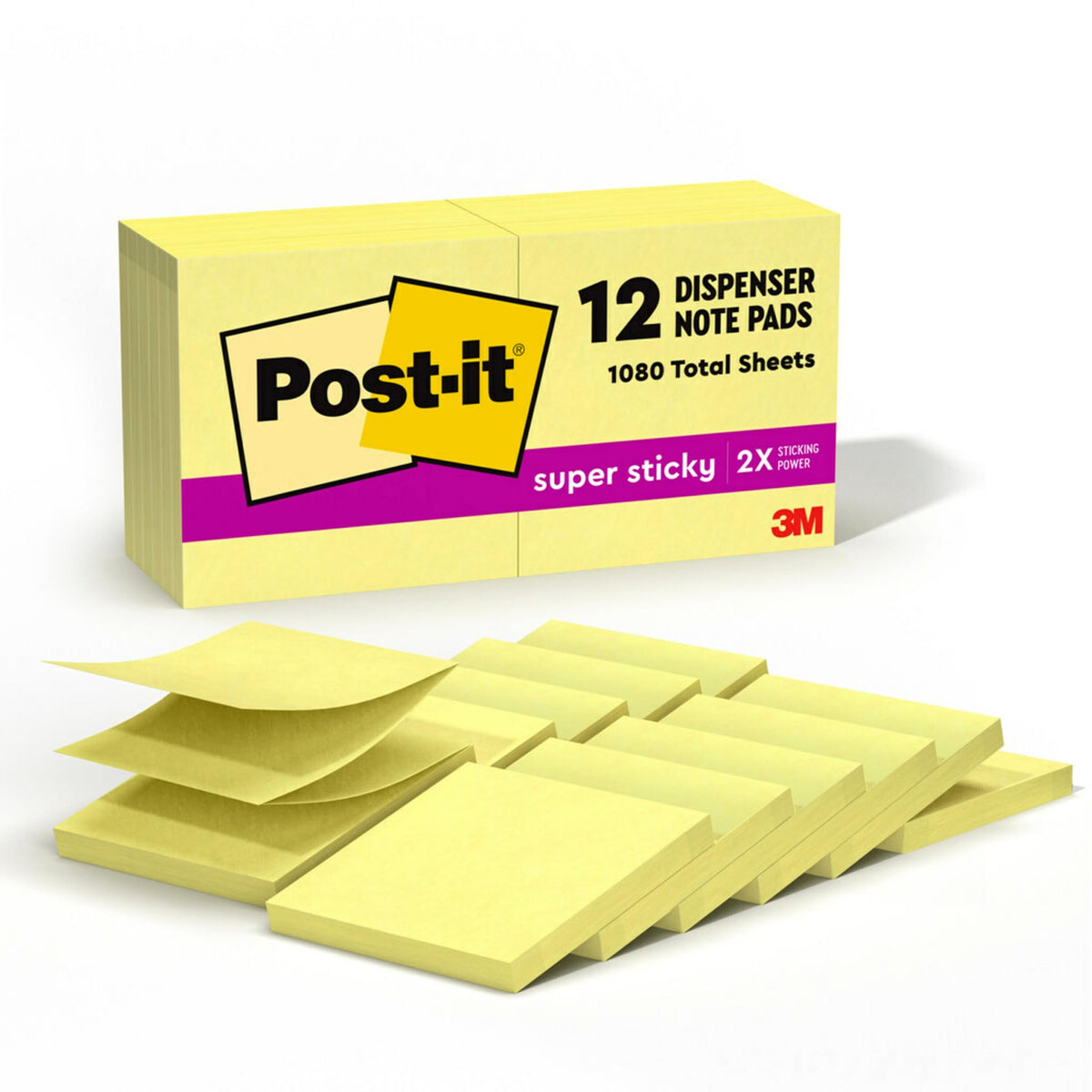 Post-it Super Sticky Dispenser Notes, 3 x 3 in, Canary Yellow, 12 Pads