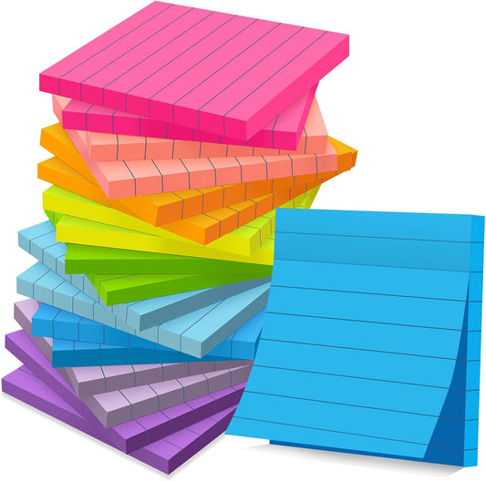 (18 Pads) Lined Sticky Notes 3 x 3 in, 9 Bright Colors Ruled Post Stickies